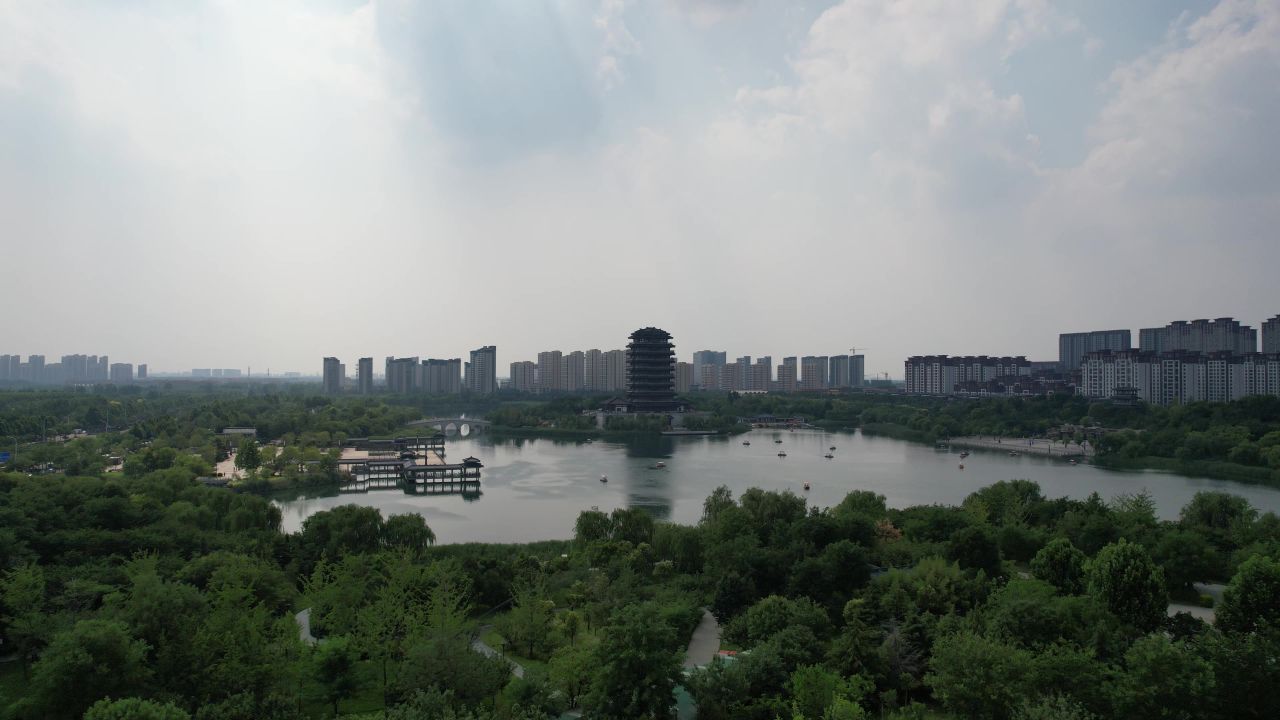  山东淄博齐盛湖公园海岱楼航拍