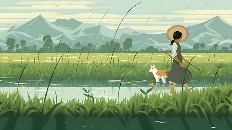 妇女站在稻田与狗，绿色插画风格 17
