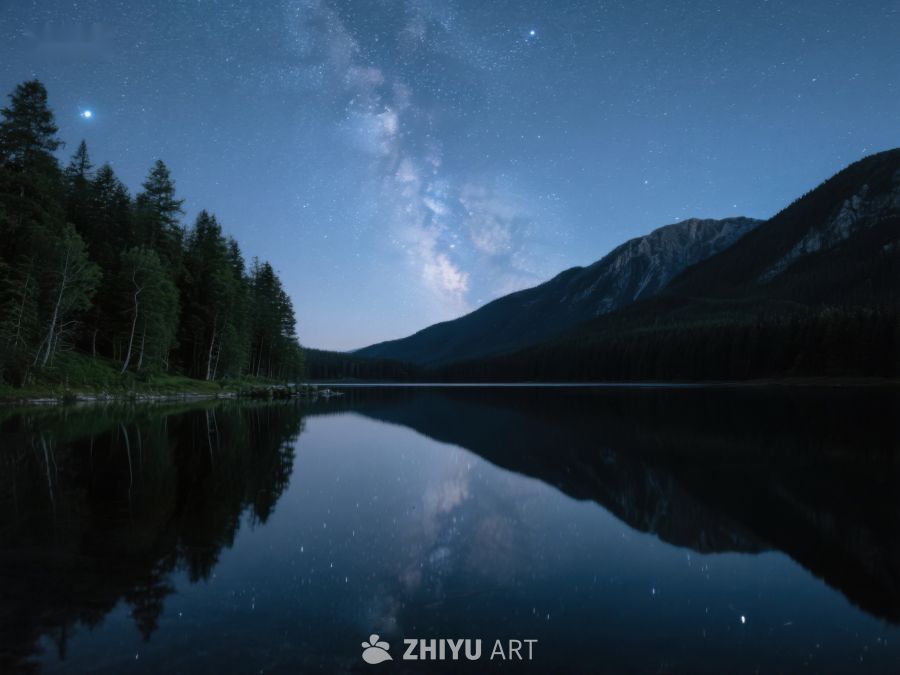 夜空银河映照湖面山林 429