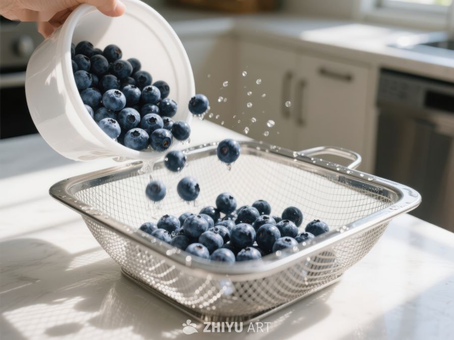 蓝莓倒入滤网，厨房场景 205