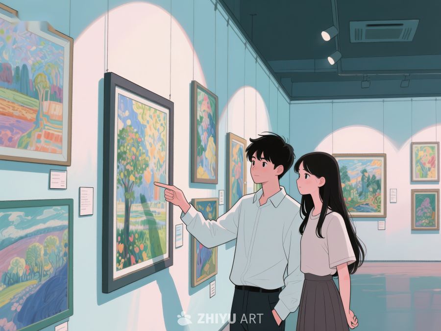 美术馆内两人欣赏画作 467