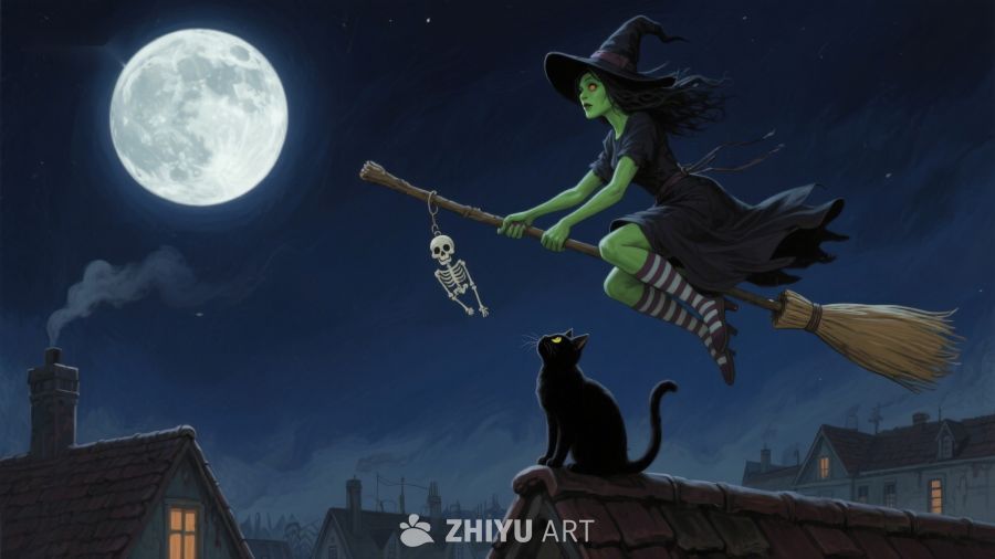 夜空下的女巫与黑猫
