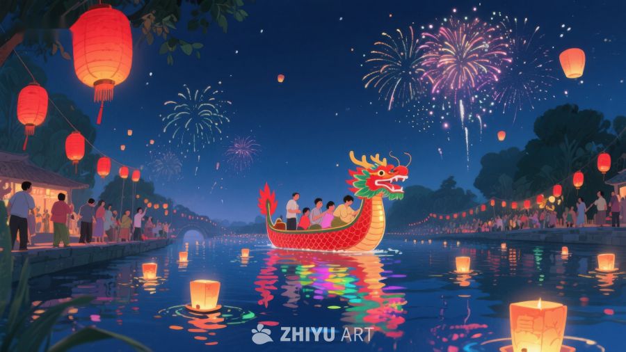 夜景龙舟赛与烟花灯会 413