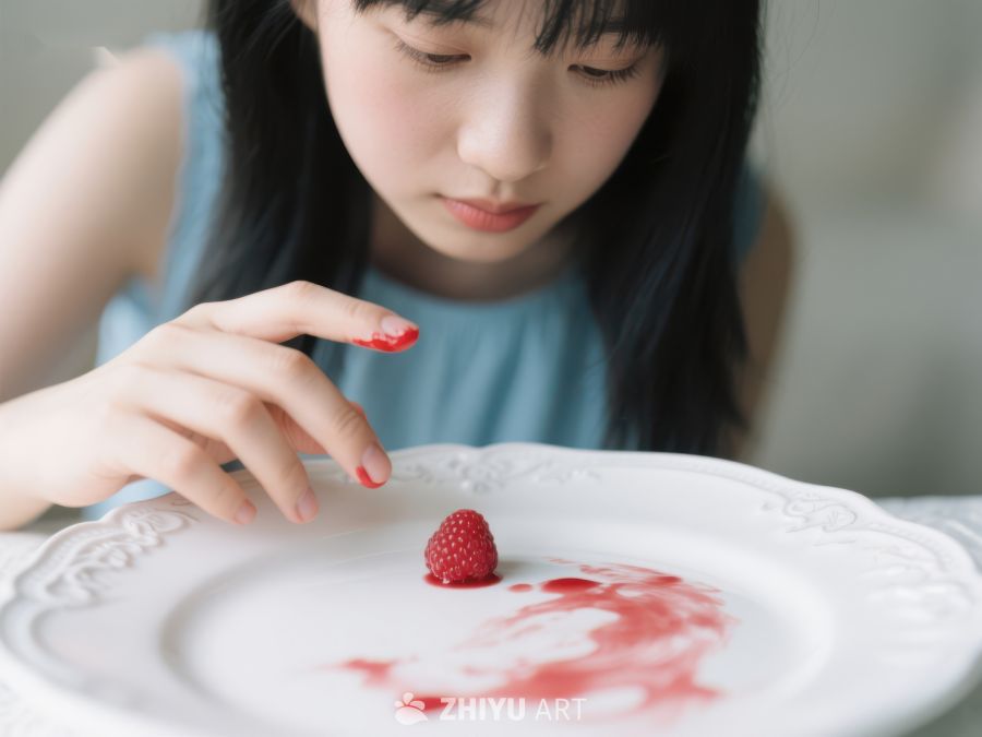 女子凝视盘中草莓，手指轻触 358
