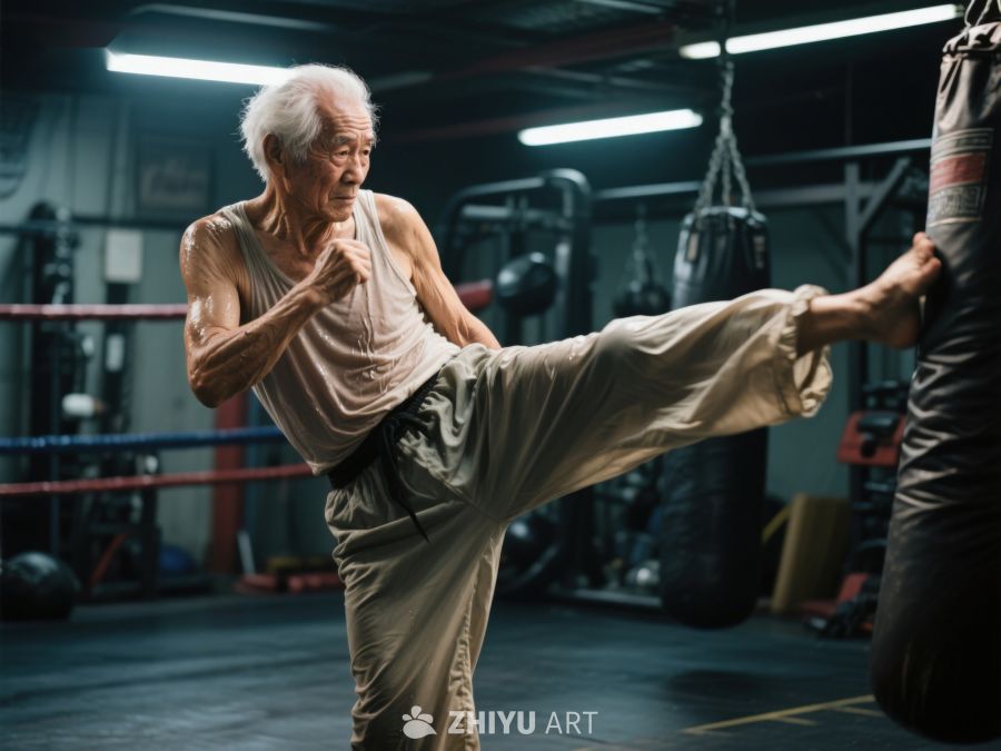 老人健身房中练习踢拳 427