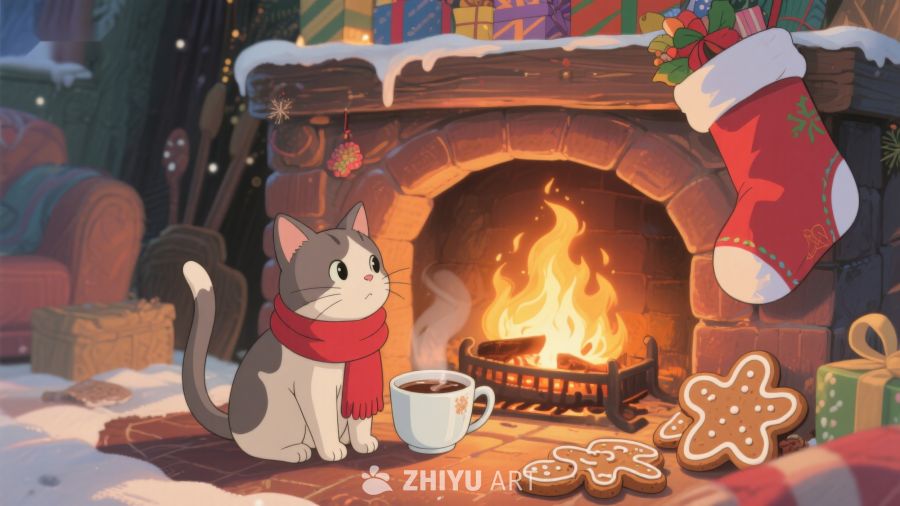 猫咪围炉取暖，圣诞温馨场景 145