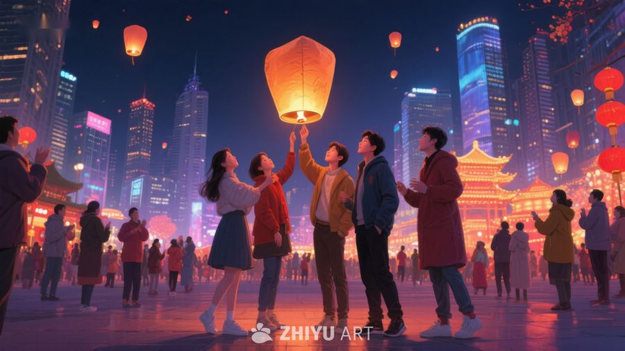 夜景中放飞孔明灯的欢乐人群 1196