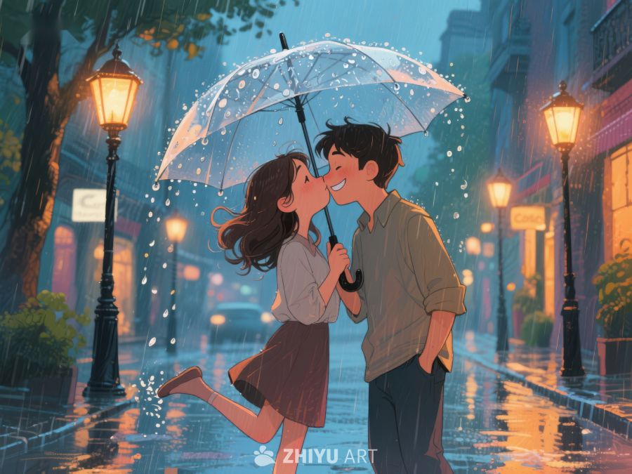 雨中情侣共伞温馨一吻 1080