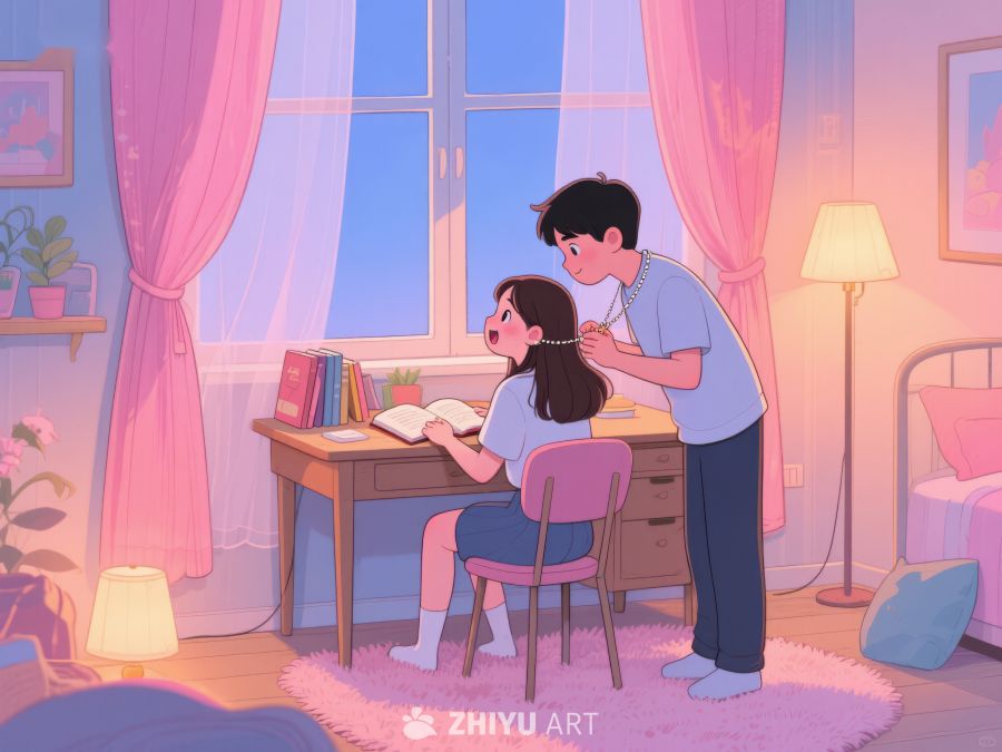 温馨室内，男孩为女孩佩戴项链 745