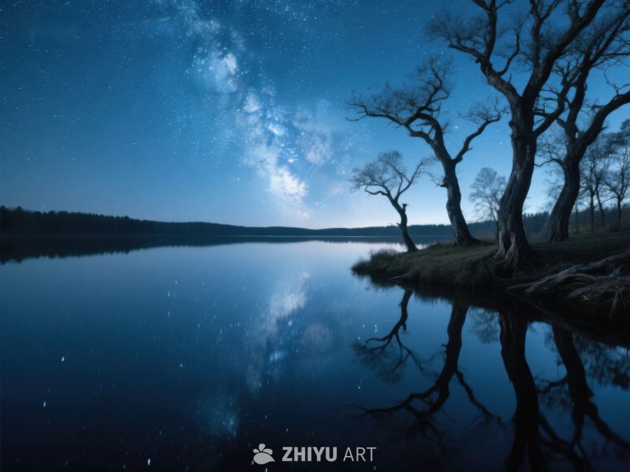 夜空银河映湖面，枯树倒影静谧景 422