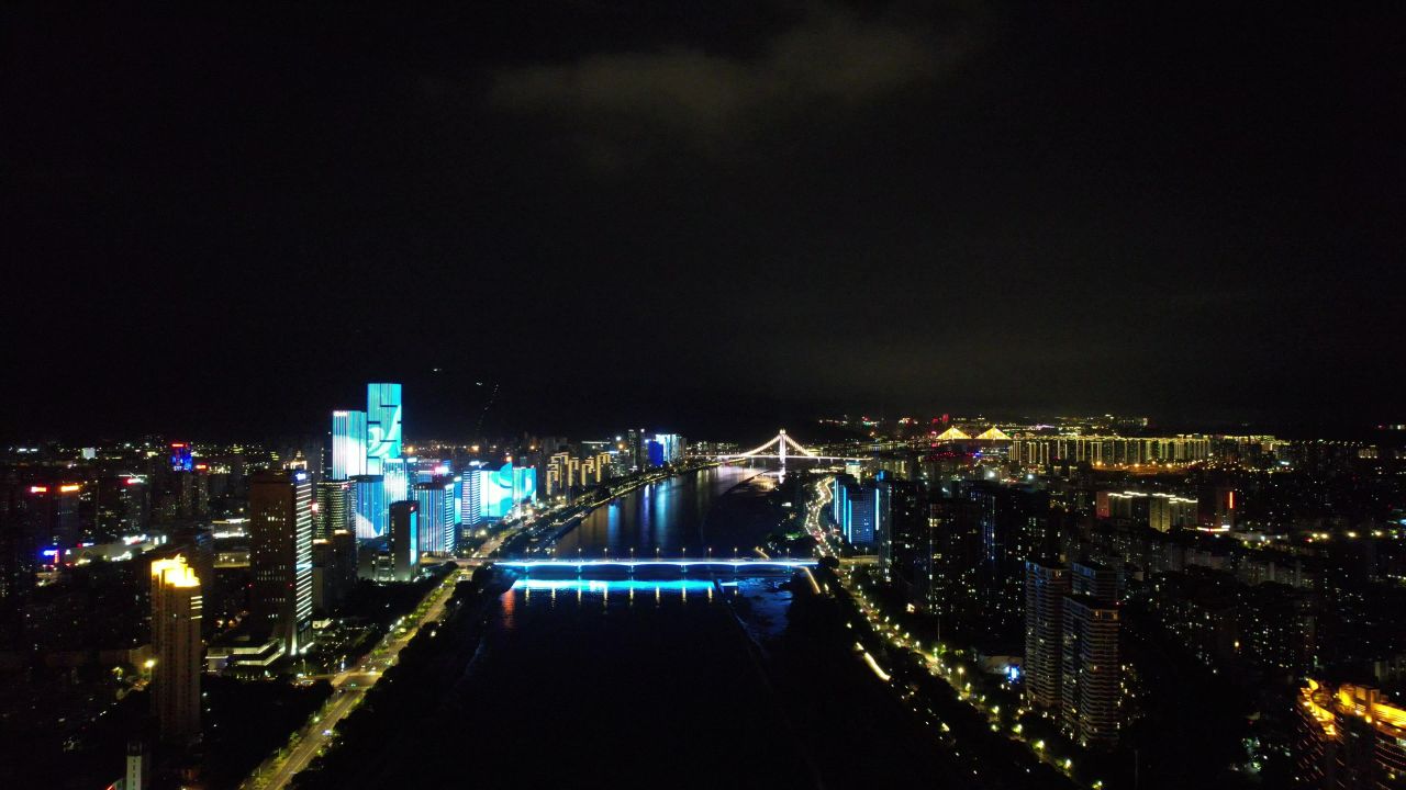 福建福州闽江两岸夜景航拍 