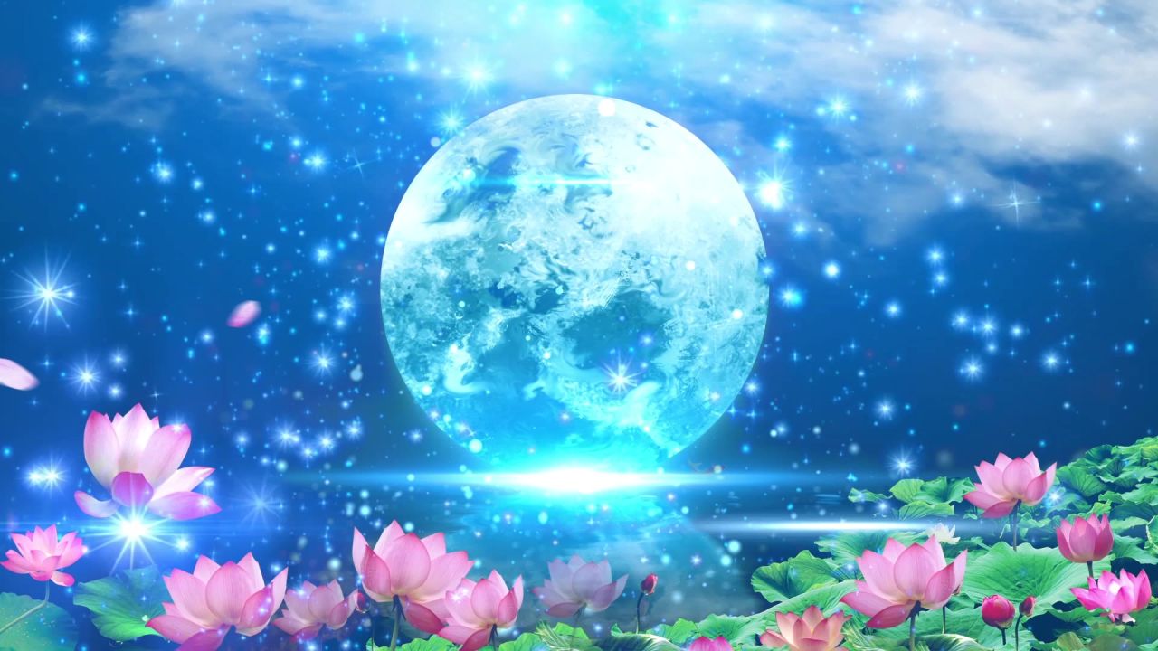 唯美大海上升月亮白月光蓝色夜空圆月明月大屏幕舞台LED视频  41