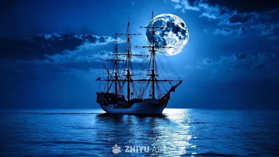 一艘帆船航行在夜间的海面上，天空中挂着一轮满月，海