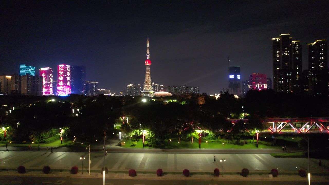 广东佛山电视塔夜景灯光航拍