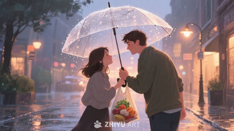 雨中情侣共享透明伞温馨时刻 670
