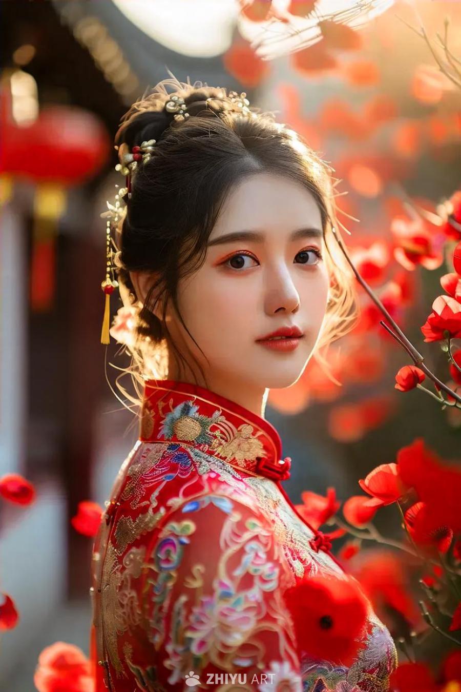 一位身着中国传统服装的年轻女子，站立在一个充满红色