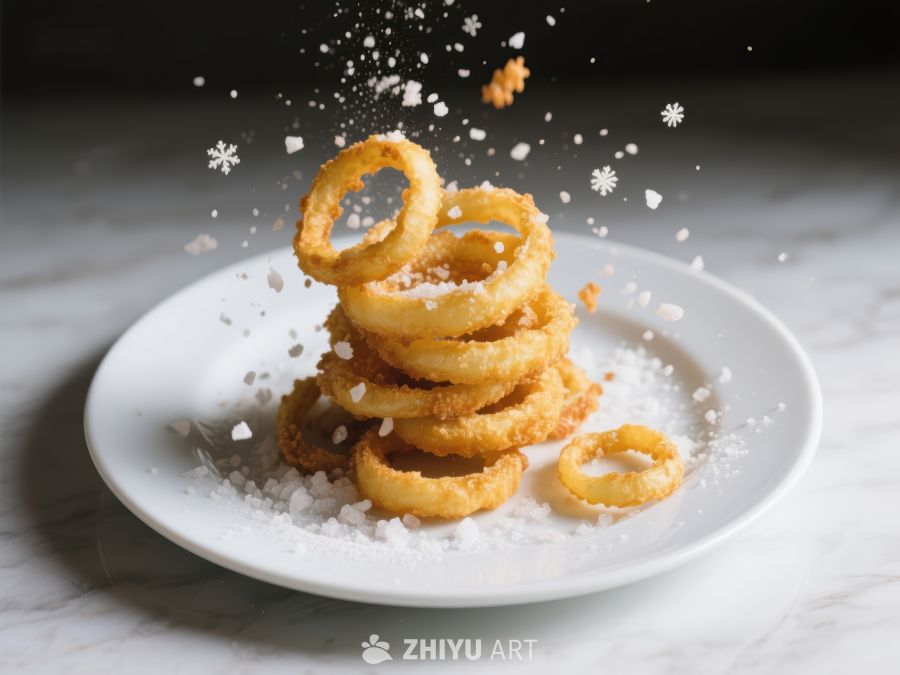 金黄洋葱圈撒盐瞬间