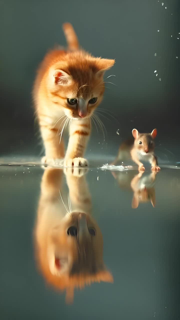 一只橙色小猫和一只老鼠在浅水边行走，水面反射出它们