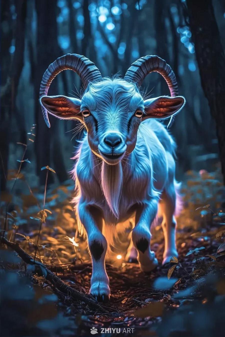 幽暗的夜景中，一个长着孩子面孔和扭曲山羊身体的生物