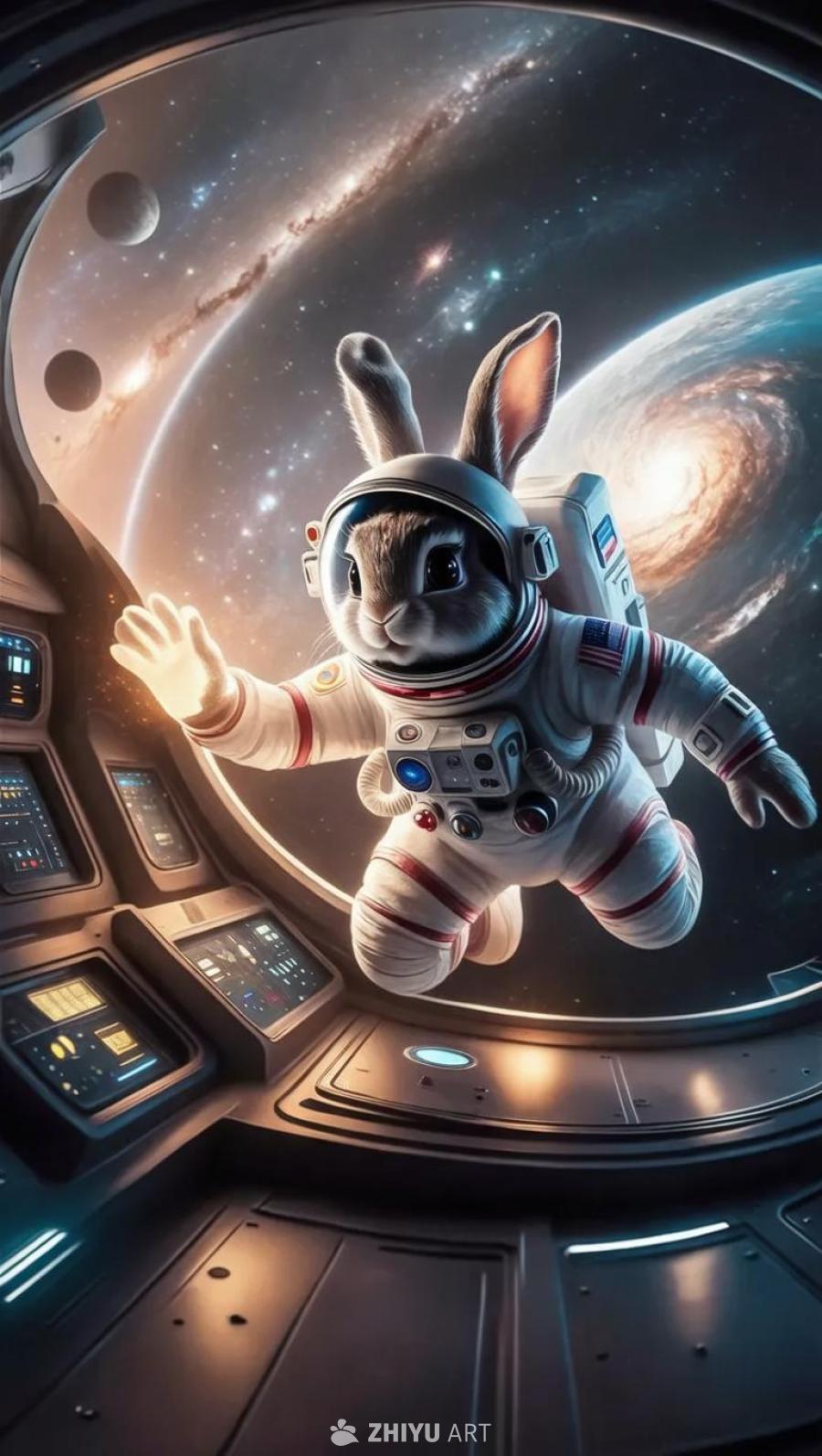 一只穿着宇航服的兔子漂浮在未来主义宇宙飞船内，周围