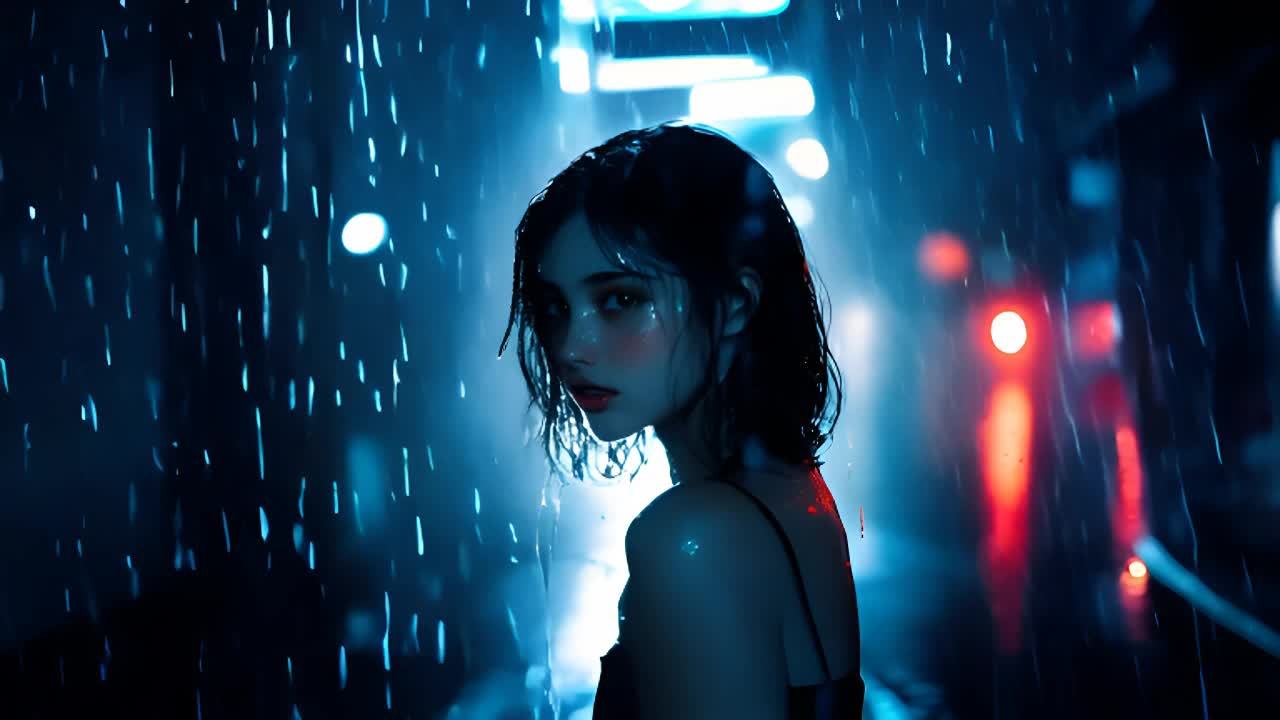 一个女人站在雨中，她穿着黑色吊带背心，她的头发和脸
