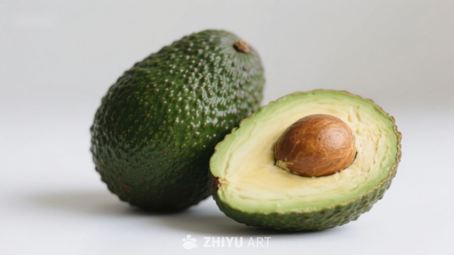 新鲜牛油果与切半展示