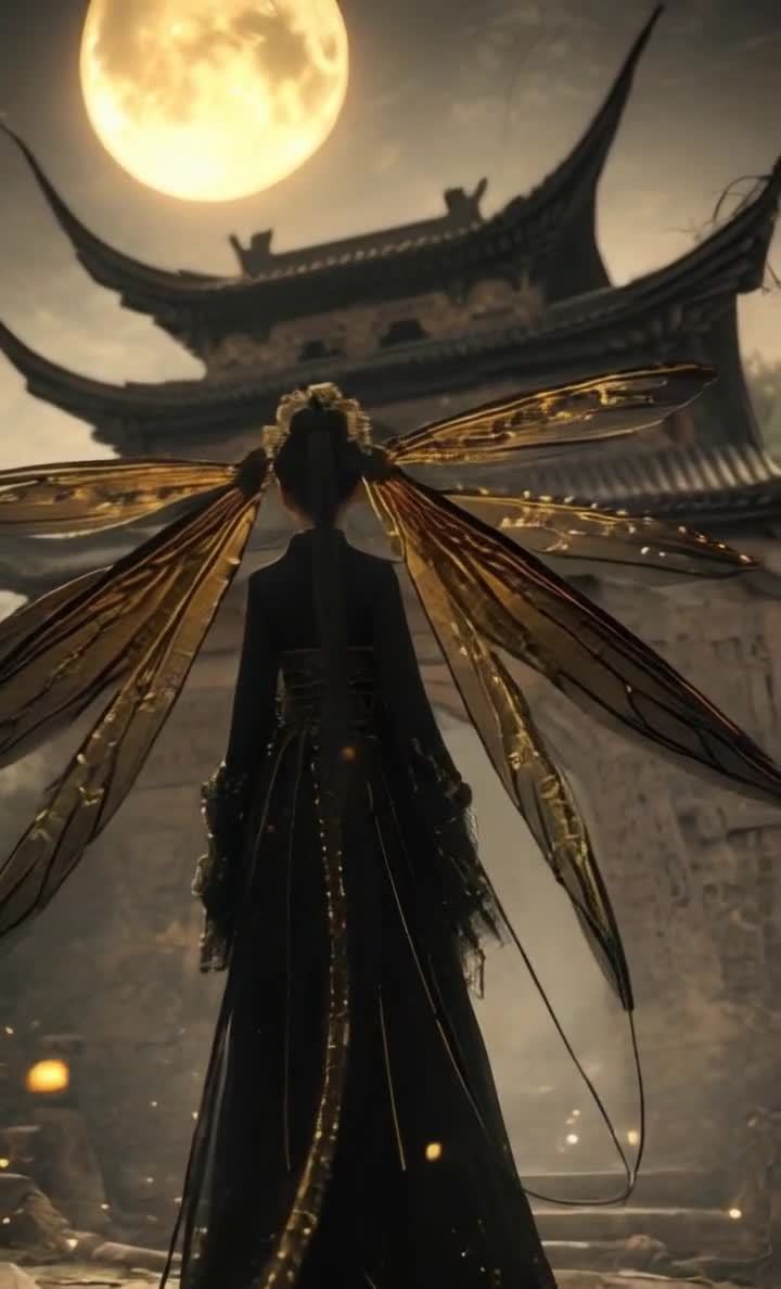 黑袍女子背对月夜，金色翅膀伫立古建筑