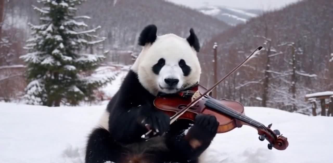 雪地里演奏小提琴的熊猫