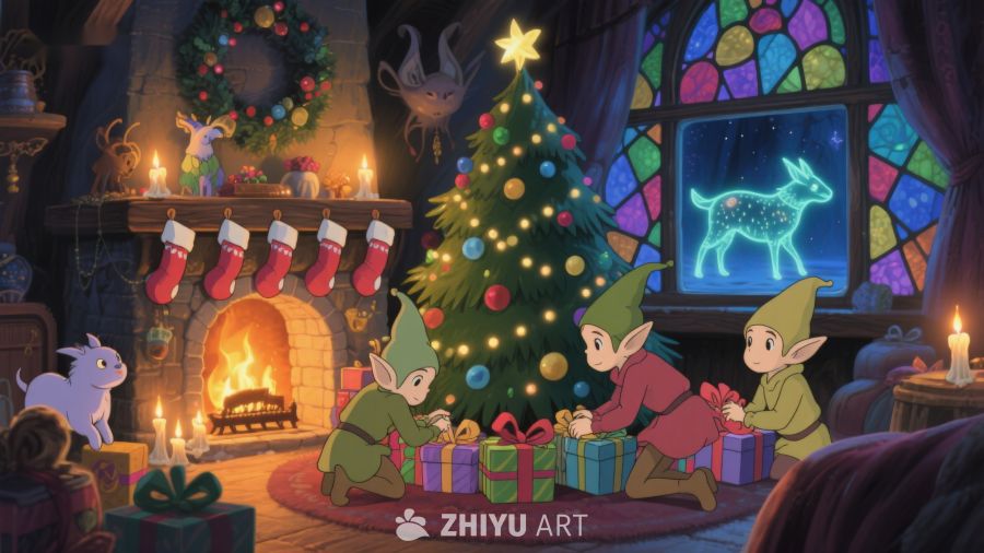 精灵围坐圣诞树旁温馨场景 155
