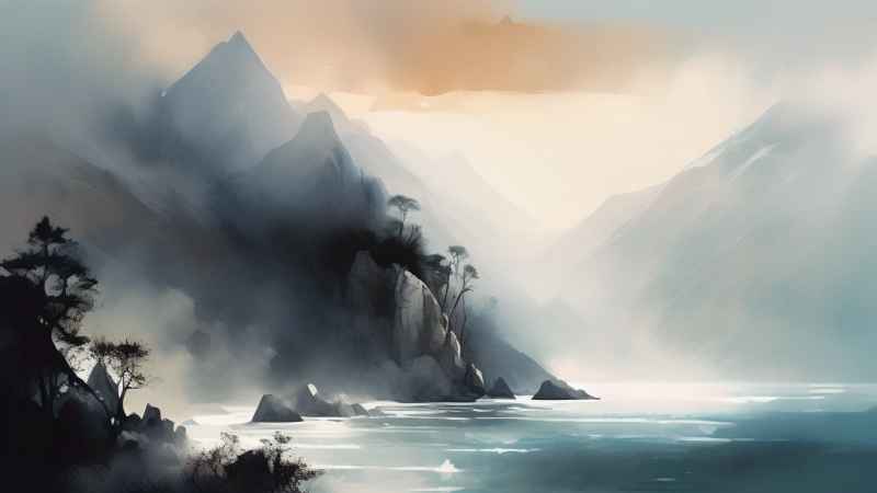 雾气缭绕水墨山水画简约风格 3