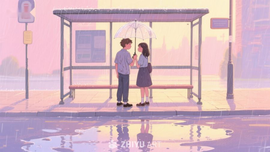 雨中公交站的温馨一幕 634