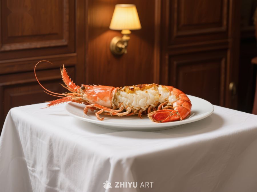 盘中熟制龙虾，置于白色桌布之上