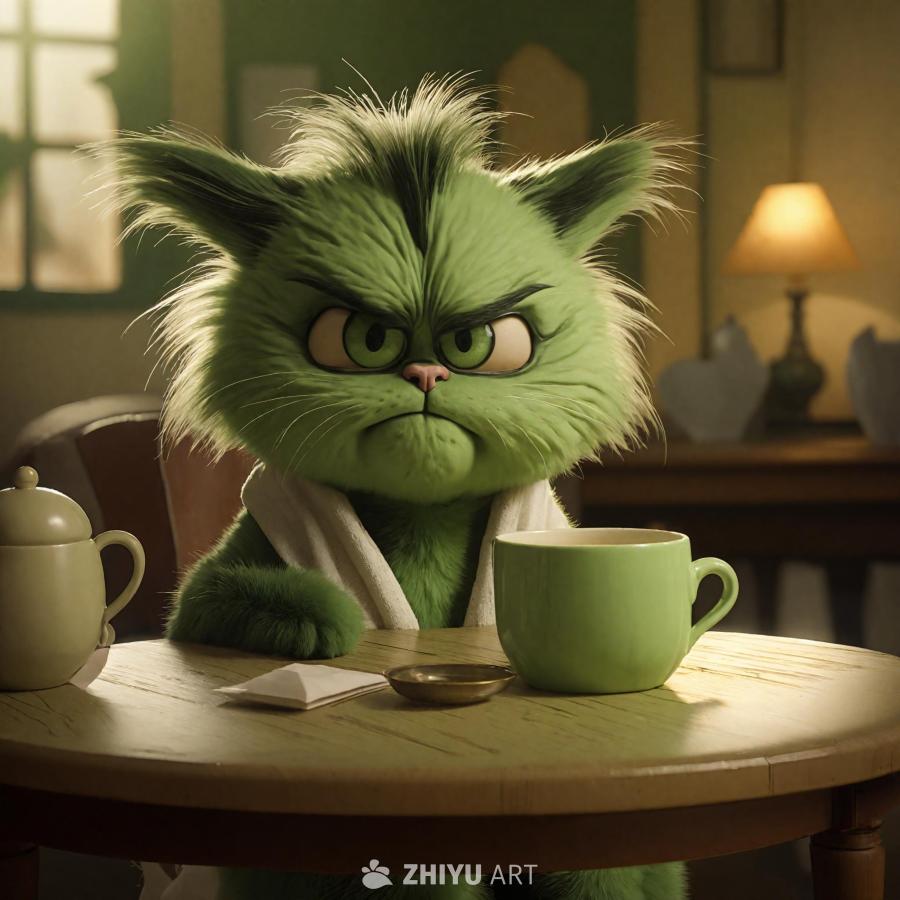 一只绿色猫科生物坐在桌子旁，它有着超大的耳朵、眉毛