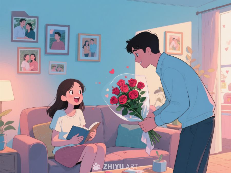 男子手捧鲜花送给正在阅读的女子 507