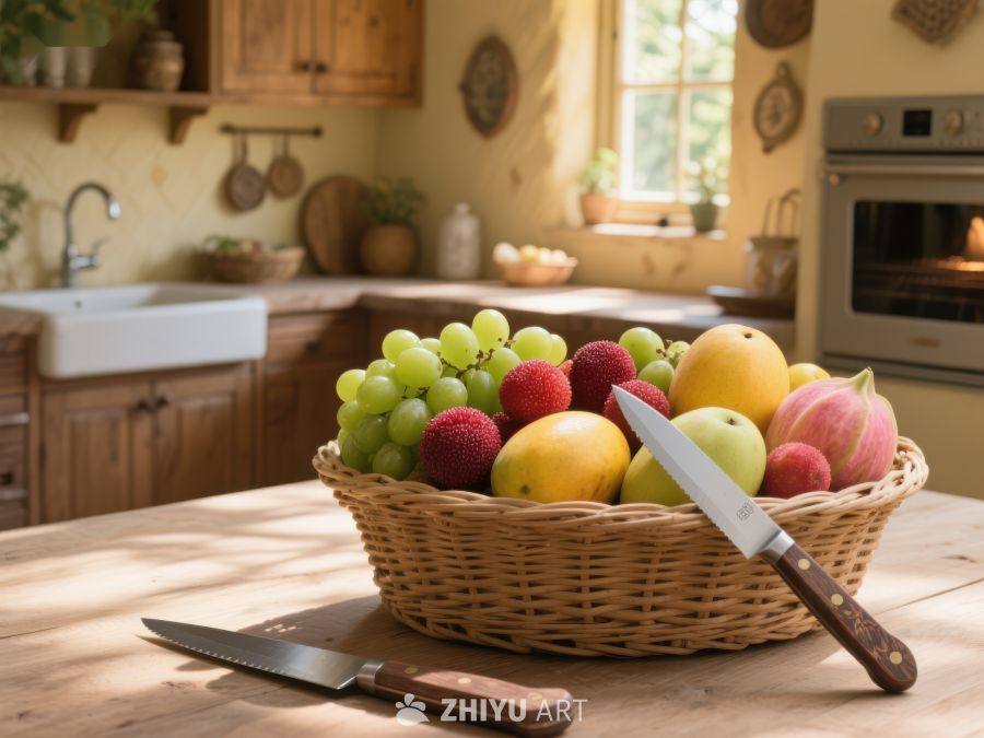 厨房桌上的水果篮与刀具 209