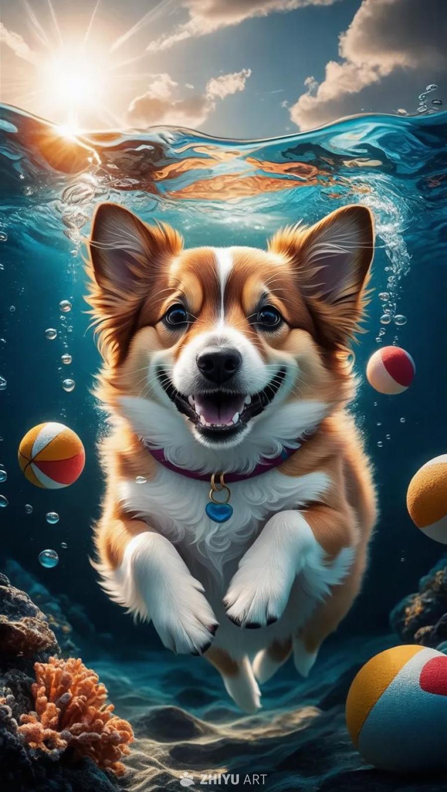 一只柯基犬浸在水中，周围有气泡和一些沙滩球。阳光从