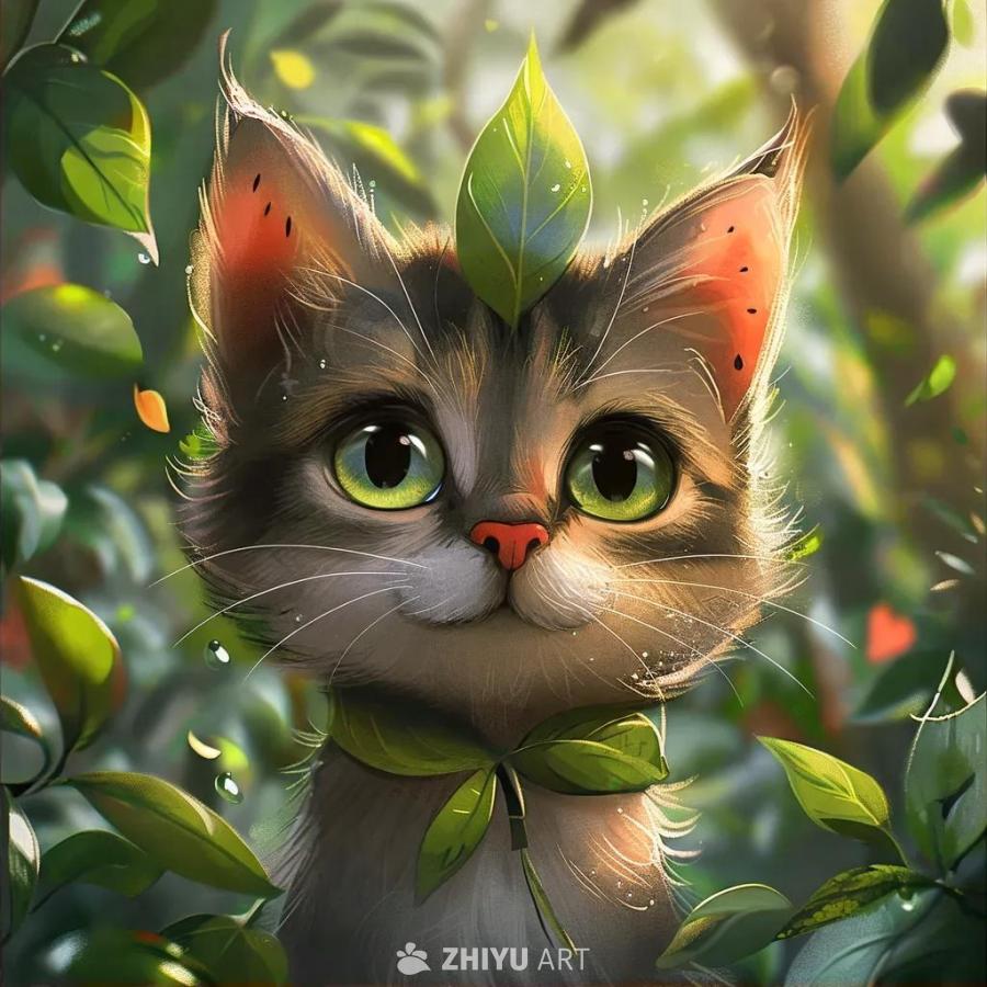 一只卡通风格的小猫，它的头上顶着一片绿叶，鼻子是红