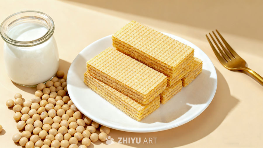 白色碟子上的威化饼干柔和光影效果金色的叉子撒落黄豆自然清新