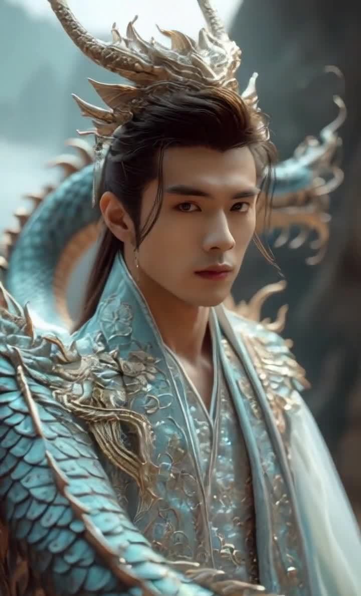 龙纹发饰蓝衣男子，眼神锐利，背景模糊，色彩金蓝。