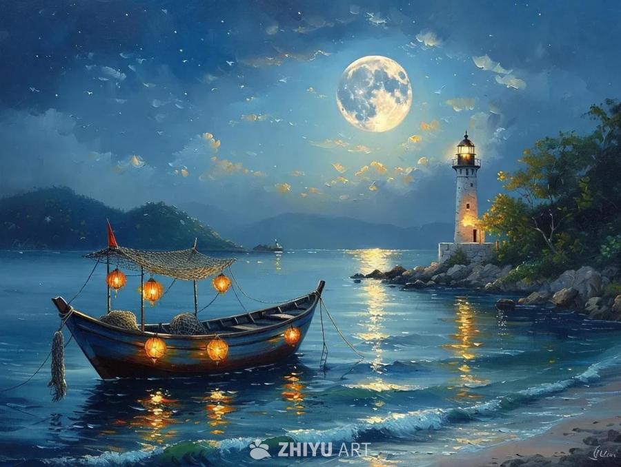 月光照耀下的宁静海湾，一艘小渔船在水面上轻轻摇晃。