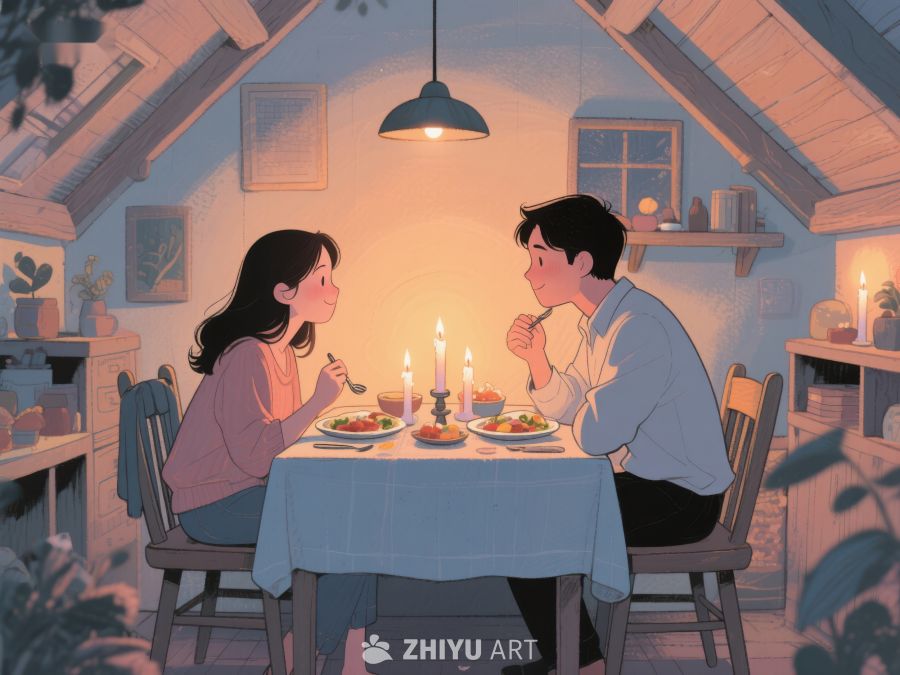 温馨烛光晚餐，两人对坐共进餐 851