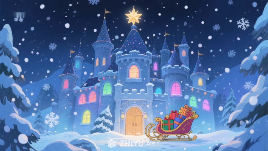 雪夜城堡与圣诞雪橇 368