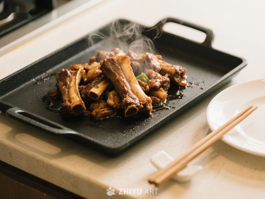 热腾腾的排骨盛在黑色烤盘上 836