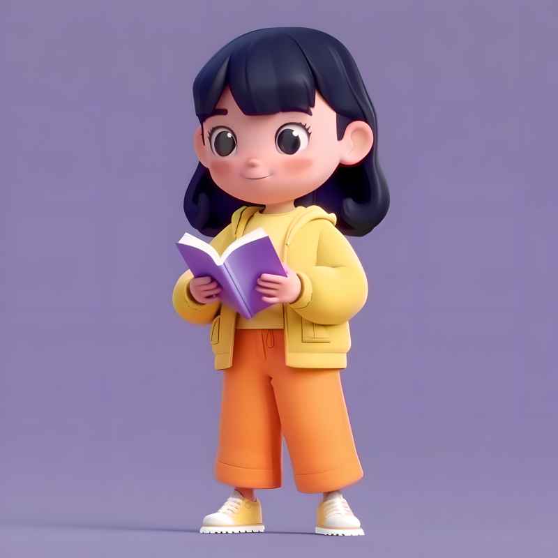 女孩手拿着一本书，穿着黄色夹克和橙色裤子 5