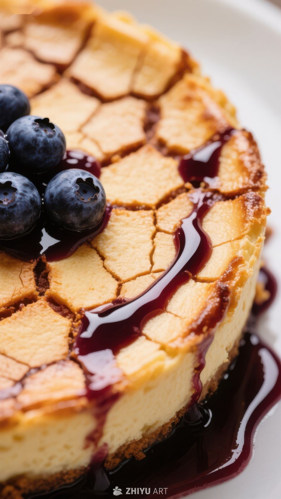 蓝莓酱淋面的裂纹芝士蛋糕