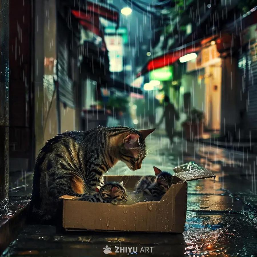 夜晚的城市街道上下着雨，一只母猫和它的几只小猫待在