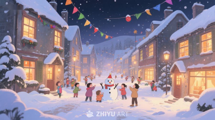 冬夜小镇欢聚雪人 101