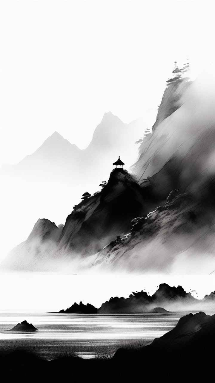 雾气缭绕水墨山水画简约风格 48