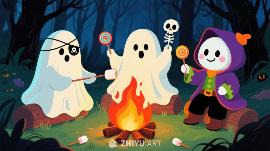 万圣节幽灵与巫师围篝火