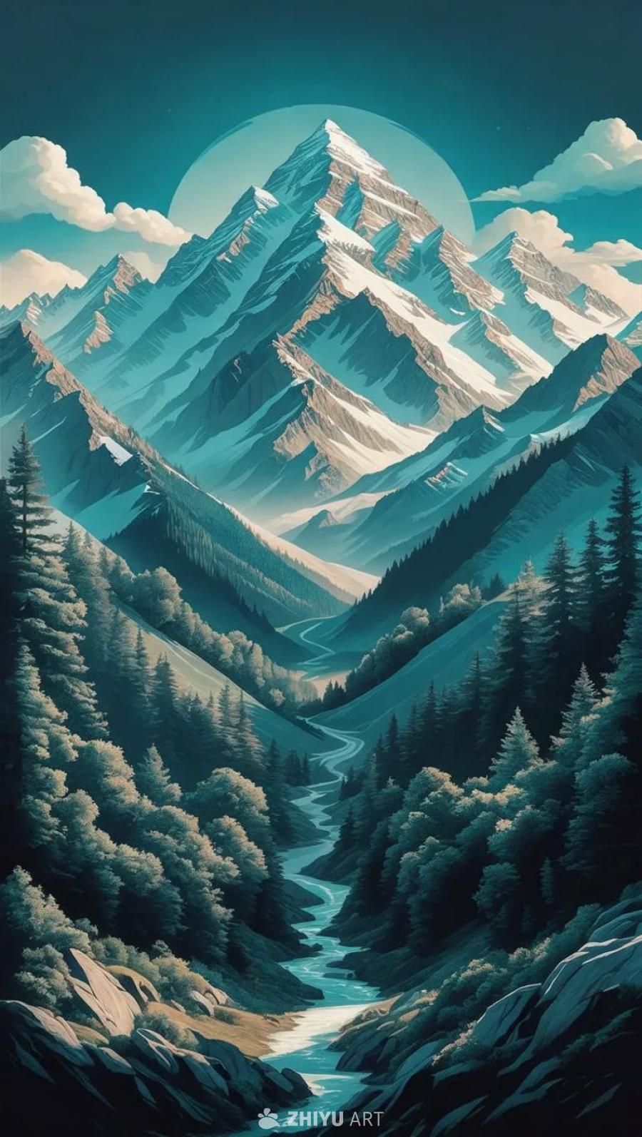 连绵起伏的山峰，山顶覆盖着白雪，天空中有白色的云朵